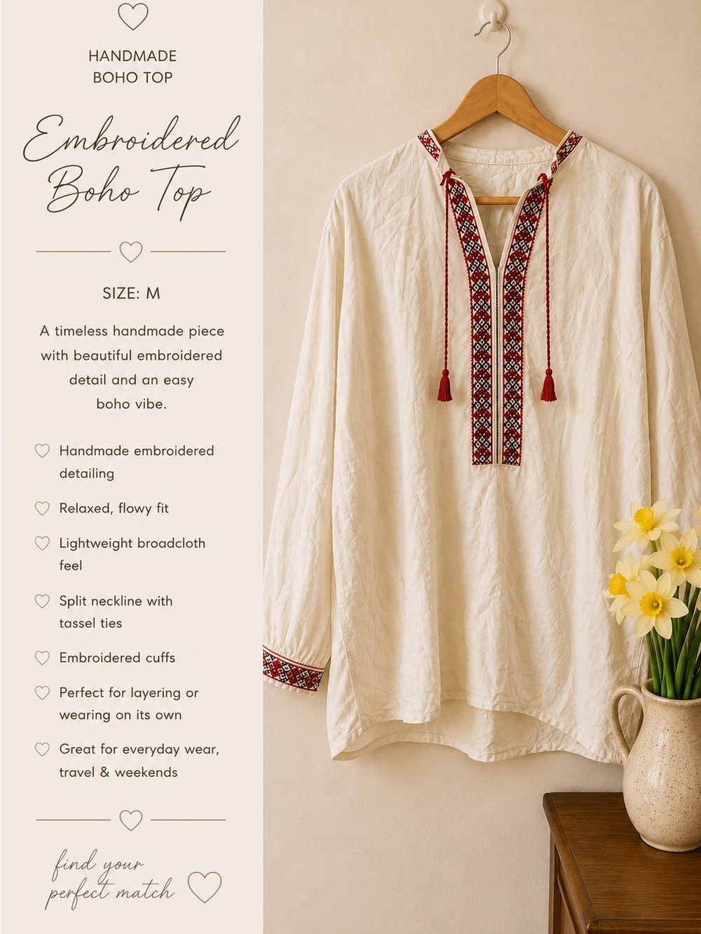 Handmade Embroidered Boho Blouse - Cream with Red Trim